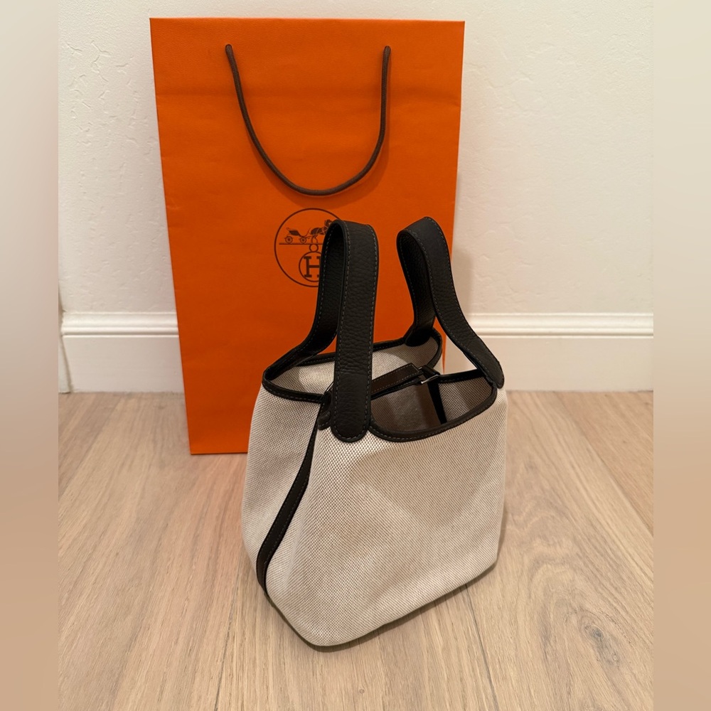 Hermès Vintage Clemence Picotin PM Canvas and Brown Leather Tote